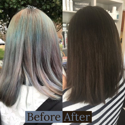 Color Correction: This is a several step process. The before was at home box color. Had to strip the color out of the hair first and then fill and recolor afterwards.

